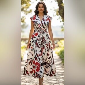Nicole Miller Red and Black Leaf Print Maxi Dress